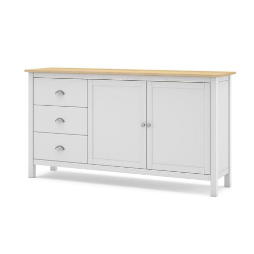 Buffet 2 Portes, 3 Tiroirs En Pin Massif Blanc Et Plateau Chêne