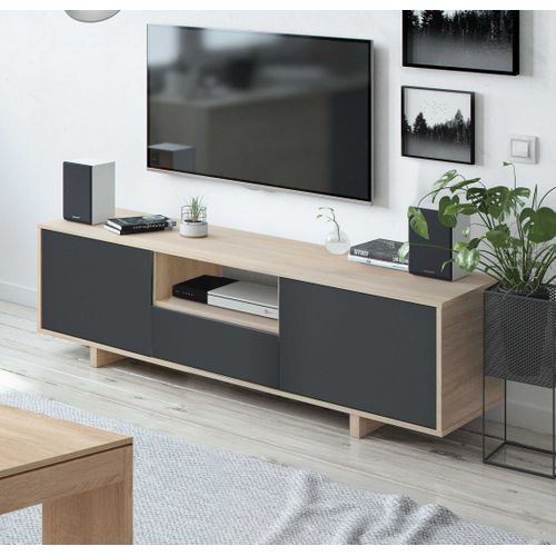 Meuble TV Zaida 3 Portes Couleur Chêne Et Gris, 150 Cm (largeur)