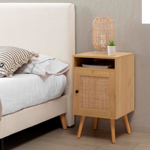 Table De Chevet Bella 1 Porte Couleur Chêne, Rotin Naturel