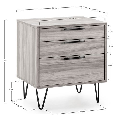 Table De Chevet Alma 3 Tiroirs Couleur Bois, Pieds Métal