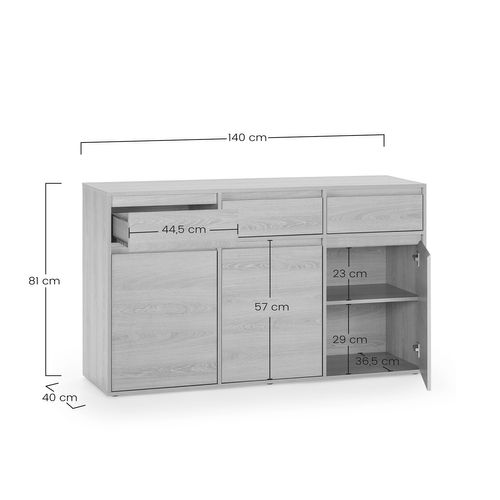 Buffet Tori 3 Portes 3 Tiroirs, Coloris Chêne, 140 Cm