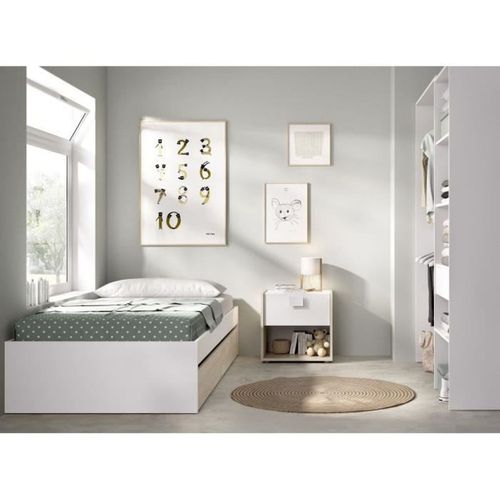 Structure De Lit - Lago - 2 Tiroirs - 90 X 190 Cm - Blanc / Chene