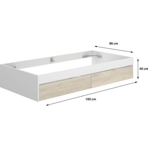 Structure De Lit - Lago - 2 Tiroirs - 90 X 190 Cm - Blanc / Chene