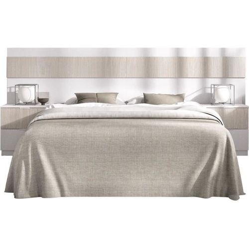 Tete De Lit Avec 2 Tables De Chevet à 2 Tiroirs - Lamelles / Blanc - 248 X 34,2 X 96 Cm