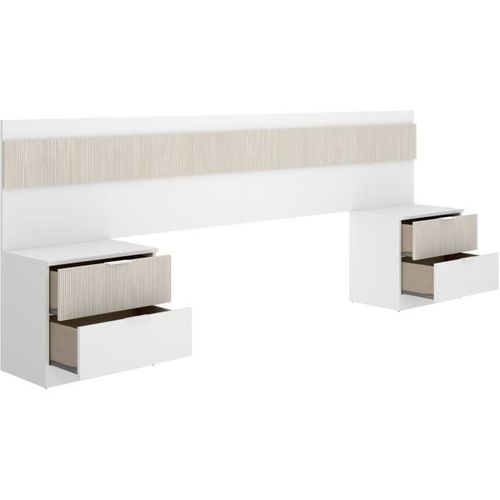Tete De Lit Avec 2 Tables De Chevet à 2 Tiroirs - Lamelles / Blanc - 248 X 34,2 X 96 Cm