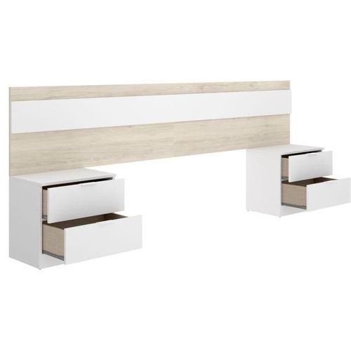 Tete De Lit Avec 2 Tables De Chevet à 2 Tiroirs - Chene / Blanc - 248 X 34,2 X 96 Cm
