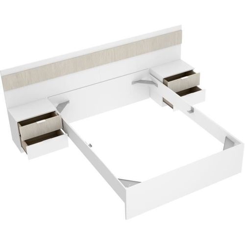 Ensemble Structure De Lit + Tête, 2 Tables De Nuit + 2 Tiroirs - Bianca - 160 X 200 Cm - Blanc/bois