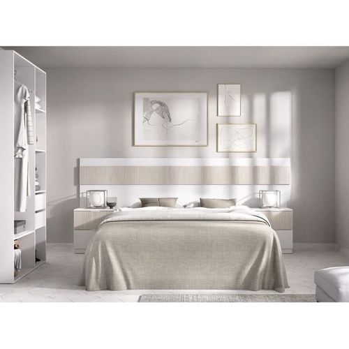 Ensemble Structure De Lit + Tête, 2 Tables De Nuit + 2 Tiroirs - Bianca - 160 X 200 Cm - Blanc/bois