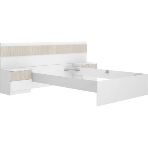 Ensemble Structure De Lit + Tête, 2 Tables De Nuit + 2 Tiroirs - Bianca - 160 X 200 Cm - Blanc/bois