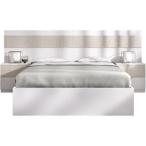 Ensemble Structure De Lit + Tête, 2 Tables De Nuit + 2 Tiroirs - Bianca - 160 X 200 Cm - Blanc/bois