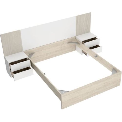 Ensemble Structure De Lit + Tête, 2 Tables De Nuit + 2 Tiroirs - Loma - 160 X 200 Cm - Chêne/blanc