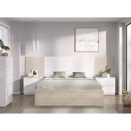 Ensemble Structure De Lit + Tête, 2 Tables De Nuit + 2 Tiroirs - Loma - 160 X 200 Cm - Chêne/blanc