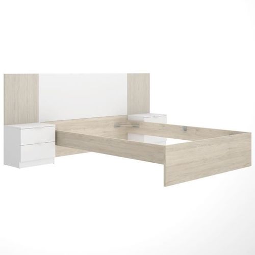 Ensemble Structure De Lit + Tête, 2 Tables De Nuit + 2 Tiroirs - Loma - 160 X 200 Cm - Chêne/blanc