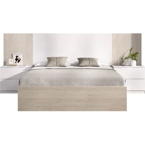 Ensemble Structure De Lit + Tête, 2 Tables De Nuit + 2 Tiroirs - Loma - 160 X 200 Cm - Chêne/blanc