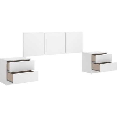 Ensemble Tête De Lit + 2 Tables De Nuit + 2 Tiroirs - Havana - Blanc - 256,8 X 34,2 X 96 Cm