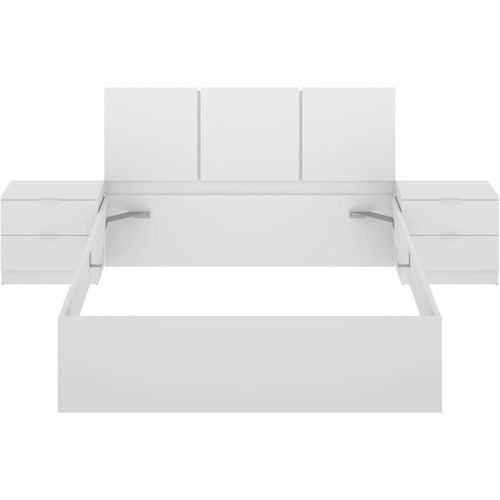 Ensemble Structure De Lit + Tête, 2 Tables De Nuit + 2 Tiroirs - Havana - 140 X 190 Cm - Blanc