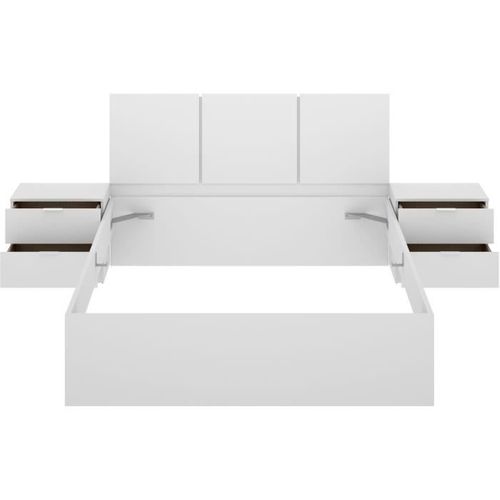Ensemble Structure De Lit + Tête, 2 Tables De Nuit + 2 Tiroirs - Havana - 160 X 200 Cm - Blanc