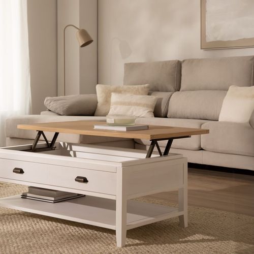 Table Basse Relevable En Bois - Blanc Et Naturel