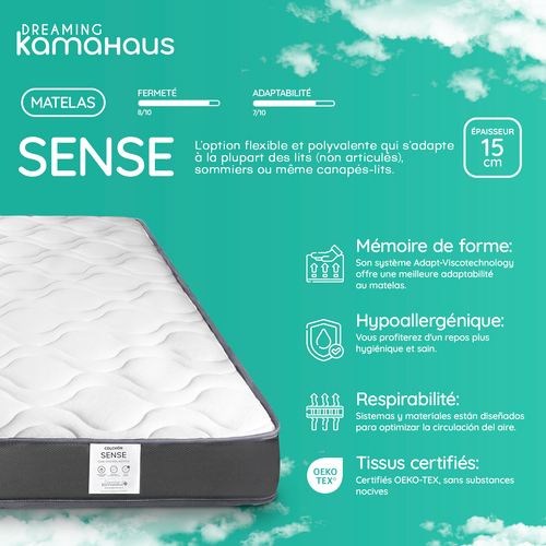 Matelas Mousse 160x200 Cm SENSE - Épaisseur +/- 15 Cm - Ferme/mi-ferme - Accueil Mémoire De Forme