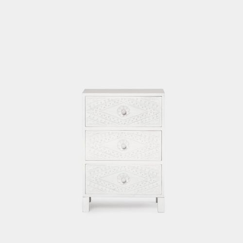 Table De Chevet 3 Tiroirs En Bois Blanc Décapé 45x66cm