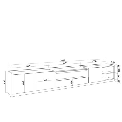 Meuble TV - 310x37x50cm, Cheminée Électrique, Noir Et Chêne