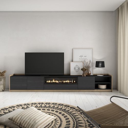 Meuble TV - 310x37x50cm, Cheminée Électrique, Noir Et Chêne