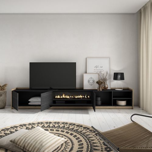 Meuble TV - 310x37x50cm, Cheminée Électrique, Noir Et Chêne