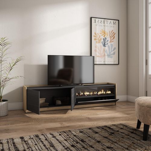 Meuble TV - 207x37x50cm, Cheminée Électrique, Noir Et Chêne