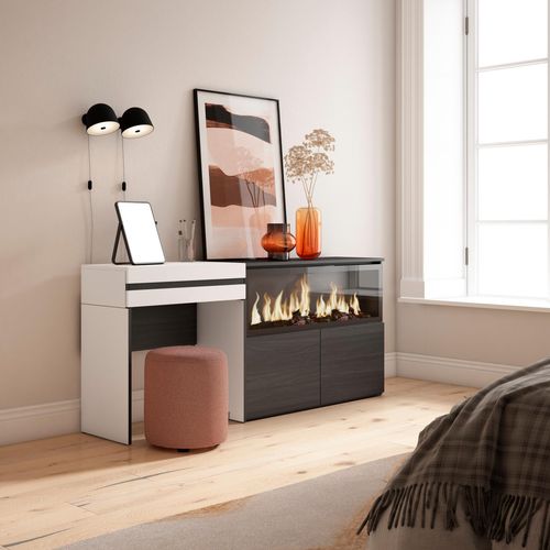 Coiffeuse, 177x35x75cm, Avec Tiroir, Cheminée Électrique XXL, Blanc
