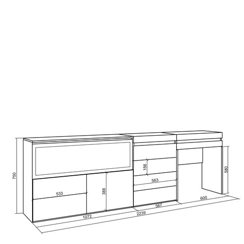 Coiffeuse, 234x35x75cm, Cheminée Électrique XXL, Commode, Buffet, Blanc