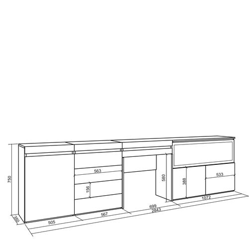 Coiffeuse, 284x35x75cm, Cheminée Électrique XXL, Commode, Buffet, Blanc