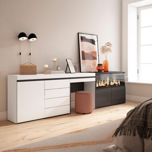 Coiffeuse, 284x35x75cm, Cheminée Électrique XXL, Commode, Buffet, Blanc