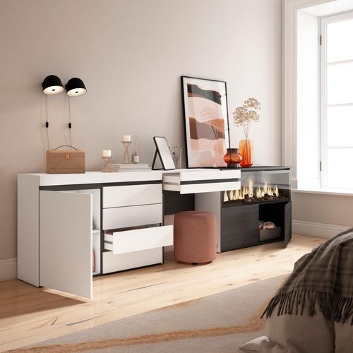 Coiffeuse, 284x35x75cm, Cheminée Électrique XXL, Commode, Buffet, Blanc