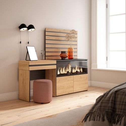 Coiffeuse, 177x35x145cm, Cheminée Électrique XXL, Panneaux Muraux En Bois, Chêne