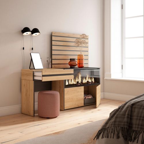 Coiffeuse, 177x35x145cm, Cheminée Électrique XXL, Panneaux Muraux En Bois, Chêne