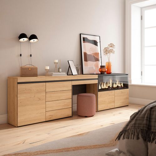 Coiffeuse, 284x35x75cm, Cheminée Électrique XXL, Commode, Buffet, Chêne