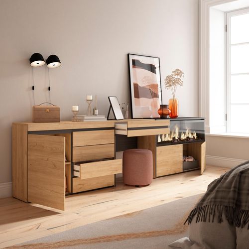 Coiffeuse, 284x35x75cm, Cheminée Électrique XXL, Commode, Buffet, Chêne