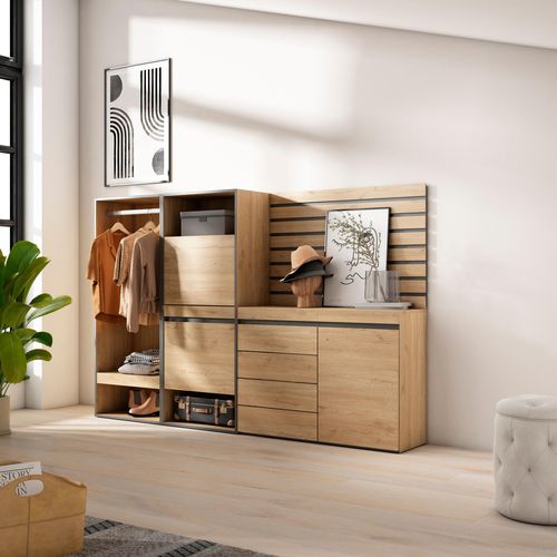 Meuble à Chaussures, 227x35x145cm., Chêne