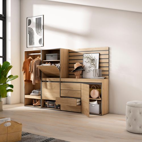 Meuble à Chaussures, 227x35x145cm., Chêne