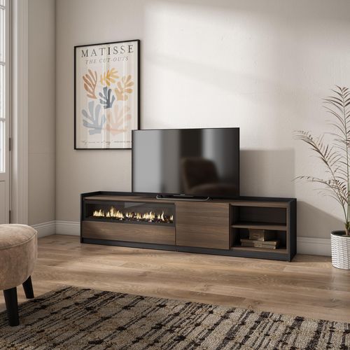 Meuble TV - 207x37x50cm, Cheminée Électrique, Chêne Foncé Et Noir