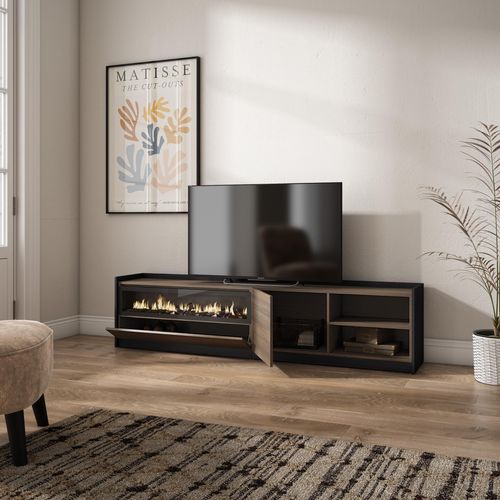 Meuble TV - 207x37x50cm, Cheminée Électrique, Chêne Foncé Et Noir