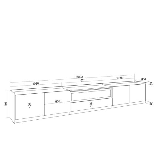 Meuble TV - 310x37x50cm, Cheminée Électrique, Noir Et Chêne
