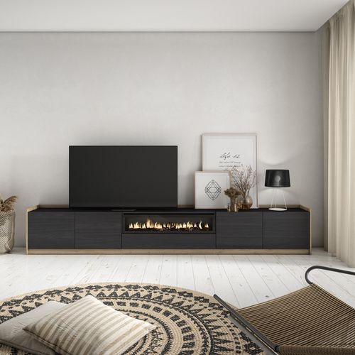 Meuble TV - 310x37x50cm, Cheminée Électrique, Noir Et Chêne