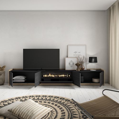 Meuble TV - 310x37x50cm, Cheminée Électrique, Noir Et Chêne