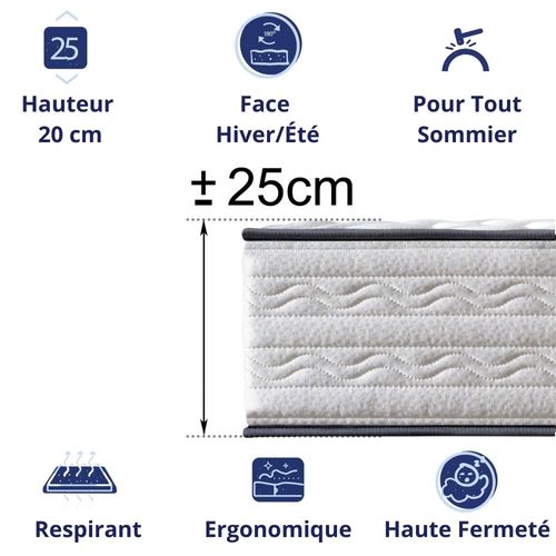 Matelas Mousse 160x200 cm ZAFIRE + 2 Oreillers 60x60 - Côté Été/hiver - H25 Cm