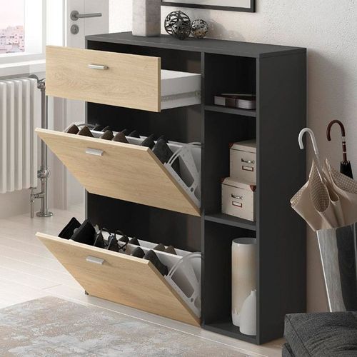 Meuble Chaussures Wind, 90x26x102cm, Gris Anthracite Et Chêne
