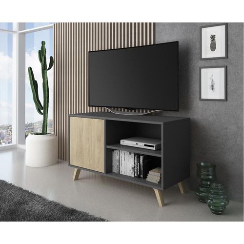 Meuble TV Porte Gauche, 95x40x57cm, Gris Anthracite Et Chêne