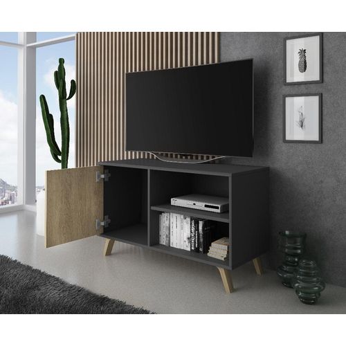 Meuble TV Porte Gauche, 95x40x57cm, Gris Anthracite Et Chêne