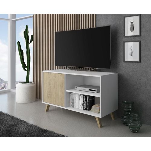 Meuble TV Porte Gauche, 95x40x57cm, Blanc Et Chêne