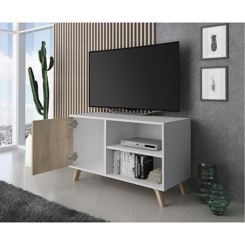 Meuble TV Porte Gauche, 95x40x57cm, Blanc Et Chêne